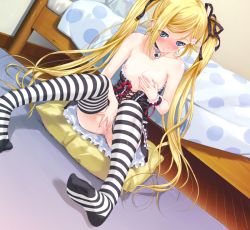 1girl bare_shoulders bed blonde_hair blue_eyes blush breast_hold breasts choker collar collarbone corset cushion dutch_angle feet female_focus female_masturbation fingering frills game_cg gothic_lolita grabbing_own_breast hair_ornament hair_ribbon happoubi_jin indoors kanojo_x_kanojo_x_kanojo legs lock loli lolita_fashion long_hair looking_at_viewer masturbation nipples no_panties orifushi_mafuyu pillow polka_dot pussy pussy_juice ribbon sitting small_breasts smile solo spade striped_clothes striped_thighhighs thighhighs twintails uncensored very_long_hair wrist_cuffs