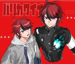 1boy ahoge armband black_streaks blue_eyes blue_jacket cropped_torso dorodorodo412 drawstring gakuran grey_jacket highres hole_in_chest hole_on_body hood hoodie jacket last_defense_academy_school_uniform looking_at_viewer male_focus multicolored_hair multicolored_jacket multiple_views open_clothes open_jacket red_background red_hair school_uniform short_hair simple_background sketch streaked_hair sumino_takumi the_hundred_line_-last_defense_academy- two-tone_jacket white_armband white_hoodie