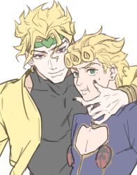 2boys black_nails blonde_hair cleavage_cutout clothing_cutout dio_brando earrings father_and_son giorno_giovanna green_eyes green_headband headband heart_cutout hineshika jacket jewelry jojo_no_kimyou_na_bouken ladybug_ornament long_sleeves looking_at_viewer male_focus multiple_boys red_eyes smile squishing stardust_crusaders vento_aureo white_background yellow_jacket