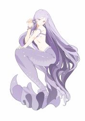 1girl absurdly_long_hair absurdres adjusting_hair armlet bare_arms bare_shoulders bead_bracelet beads bikini bracelet caren_(mermaid_melody_pichi_pichi_pitch) closed_mouth earrings eyelashes fins fish_tail full_body hand_on_lap highres jewelry long_hair mermaid mermaid_melody_pichi_pichi_pitch monster_girl morgue_(southsakura) navel purple_bikini purple_eyes purple_hair purple_tail ribs shell shell_bikini simple_background skinny smile solo stomach strapless strapless_bikini swimsuit tail tail_ornament tail_ring very_long_hair wavy_hair white_background
