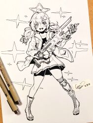 1girl :d absurdres ahoge alternate_costume armored_gloves armored_legwear black_shirt blue_archive bomber_jacket commentary_request cyansapphire gun hair_ornament halo heterochromia highres holding holding_gun holding_weapon jacket long_hair long_sleeves low_twintails monochrome open_mouth pen pen_(medium) pleated_skirt reisa_(blue_archive) shirt simple_background skirt smile solo sparkle standard_manufacturing_dp-12 star_(symbol) star_hair_ornament star_halo traditional_media twintails weapon