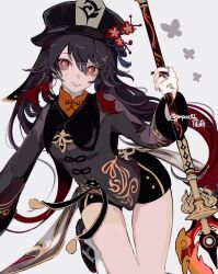 1girl absurdres bare_legs black_hat black_shorts brown_hair brown_jacket cowboy_shot flower flower-shaped_pupils genshin_impact gmpoo93 hat hat_flower highres holding holding_polearm holding_weapon hu_tao_(genshin_impact) jacket jewelry long_hair long_sleeves looking_to_the_side mandarin_collar multicolored_hair multiple_rings orange_shirt polearm red_eyes red_hair ring shirt short_shorts shorts simple_background socks solo standing symbol-shaped_pupils weapon white_background white_socks