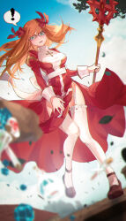 ! 1girl absurdres back_bow bad_id black-framed_eyewear black_shoes blue_eyes blue_sky blush bow breasts cloud commentary_request commission crosier cross_of_prontera dress dutch_angle frilled_thighhighs frills full_body garter_straps glasses high_priest_(ragnarok_online) highres holding holding_staff juliet_sleeves lala_(sputnik) long_hair long_sleeves looking_at_viewer medium_breasts open_mouth orange_hair puffy_sleeves ragnarok_online red_dress sash shoes skeb_commission sky solo spoken_exclamation_mark staff thighhighs two-tone_dress white_bow white_dress white_sash white_thighhighs
