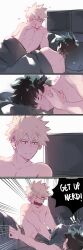 2boys 4koma bakudeku bakugou_katsuki blonde_hair boku_no_hero_academia bones_(company) comic completely_nude crispyfrites curly_hair freckles green_hair messy_hair midoriya_izuku multiple_boys nude pillow shounen_jump sleeping smile spiked_hair waking_up yaoi