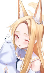 1girl ;d absurdres animal_ear_fluff animal_ears bare_shoulders bird bird_on_hand blonde_hair blue_archive blush bright_pupils commentary detached_sleeves dress extra_ears flower_wreath forehead fox_ears fox_girl fujiwara_haru_(nekonote) halo happy head_wreath highres long_hair looking_at_viewer multicolored_eyes one_eye_closed open_mouth parted_bangs pink_eyes seia_(blue_archive) simple_background sleeveless sleeveless_dress sleeves_past_fingers sleeves_past_wrists slit_pupils smile solo straight_hair two-tone_eyes upper_body white_background white_bird white_dress white_pupils wide_sleeves yellow_eyes yellow_halo