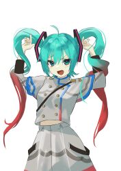 1girl absurdres ahoge belt black_belt black_sleeve_cuffs blue_eyes blue_hair blue_trim breasts buttons commentary_request cosplay double-breasted grey_skirt hatsune_miku highres i529112 kasane_teto kasane_teto_(cosplay) kasane_teto_(sv) layered_sleeves long_sleeves midriff_peek multicolored_hair musical_staff musical_staff_print open_mouth red_hair shoulder_belt simple_background skirt small_breasts solo striped_clothes striped_skirt synthesizer_v twintails two-tone_hair utau vocaloid white_background