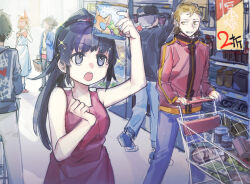 Rule 34 | 1boy, 1girl, beard stubble, black eyes, black hair, blonde hair, blue pants, blunt bangs, dress, facial hair, fengtian (artist), holding, indoors, kumazaki karen, kumazaki riku, long hair, long sleeves, open mouth, packet, pants, people, ponytail, red dress, saibou shinkyoku, shop, shopping cart, sleeveless, sleeveless dress, smile, sparkle, stubble, yellow eyes