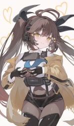 1girl absurdres black_gloves black_shorts blue_necktie blush breasts closed_mouth commentary ear_protection earphones girls&#039;_frontline gloves grabbing_own_breast heart highres jacket large_breasts lemures looking_at_viewer m14_(girls&#039;_frontline) microphone necktie off_shoulder official_alternate_costume open_clothes open_jacket shirt short_shorts shorts smile solo twintails walkie-talkie white_shirt yellow_eyes yellow_jacket