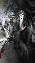 Rule 34 | 1boy, alternate hairstyle, black eyes, black hair, black hanfu, chest tattoo, chinese clothes, closed mouth, faux traditional media, flute, flute tassel, greyscale, hair between eyes, hair down, hanfu, highres, holding, holding jar, ink wash painting, instrument, jar, kcllzas163, knee up, long hair, long sleeves, looking at viewer, looking to the side, male focus, modao zushi, monochrome, robe, sitting, solo, spot color, tassel, tattoo, third-party source, very long hair, wei wuxian, wei wuxian (yiling laozu), wide sleeves