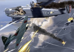 2boys a6m_zero aerial_battle aircraft airplane antennae b-24 battle bomber cable canopy cloud cockpit damaged explosion fire firing fleet flying gun hat head i.t.o_daynamics machine_gun military military_vehicle multiple_boys nose_art pilot pilot_suit propeller_fighter real_life realistic shell_casing turret united_states vehicle_focus weapon world_war_ii
