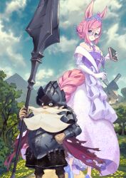 1boy 1girl age_difference animal_ears armor bare_shoulders beard black_eyes black_skirt blue_eyes blue_shoes book boots bracer braid braided_tail breastplate breasts brown_boots cape cloud cloudy_sky collarbone damaged don_quixote_(fate) dress elbow_gloves facial_hair fate/grand_order fate_(series) feather_nib_pen feet_out_of_frame full_beard game_cg glasses gloves hair_bun hand_on_own_hip hand_up hands_up height_difference high_heels holding holding_book holding_pen holding_polearm holding_weapon horse_ears horse_girl horse_tail jewelry lace lace-trimmed_gloves lace_trim lance layered_dress long_beard long_dress long_mustache looking_at_viewer mountainous_horizon murayama_ryota mustache necklace nib_pen_(object) official_art old old_man parted_bangs parted_lips pauldrons pen pink_hair pink_tail polearm pumps purple_dress red_cape sancho_(fate) sash shaded_face shield shield_on_back shoes short_hair shoulder_armor shoulder_sash sideburns sidelocks single_hair_bun skirt sky sleeveless sleeveless_dress small_breasts standing stiletto_heels strapless strapless_dress tail third-party_source tiara torn_cape torn_clothes twisted_torso v-shaped_eyebrows variant_set veins weapon white_facial_hair white_gloves white_hair white_sash windmill