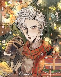 Rule 34 | 1boy, alternate costume, astarion, baldur&#039;s gate, baldur&#039;s gate 3, bell, box, christmas, christmas tree, contemporary, crutch c, dungeons & dragons, dungeons &amp; dragons, gift, gift box, highres, looking at viewer, male focus, portrait, red eyes, scarf, short hair, solo, white hair