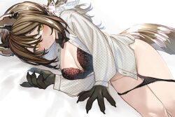 1girl animal_ear_fluff animal_ears animal_hands arknights black_bra black_gloves black_panties blush bra breasts brown_hair cleavage closed_mouth cross_tie gloves highres kochiya_(gothope) long_hair long_sleeves looking_at_viewer lying medium_breasts multicolored_hair on_side open_clothes open_shirt panties panty_pull polka_dot polka_dot_shirt raccoon_ears raccoon_girl raccoon_tail robin_(arknights) shirt solo streaked_hair tail unbuttoned unbuttoned_shirt underwear white_shirt yellow_eyes