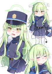 1girl absurdres blue_archive blush flat_chest green_hair green_halo halo hat highres hikari_(blue_archive) looking_at_viewer pointy_ears ponzu_purin skirt solo standing yellow_eyes