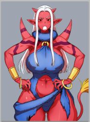 1girl armlet blush bobobo breasts center_opening colored_skin dragon_quest dragon_quest_x fang female_focus fur hands_on_own_hips hip_focus horns huge_breasts jewelry long_hair markings midriff navel nipples o-ring o-ring_top ogre_(dq10) open_mouth pointy_ears puffy_nipples red_eyes red_skin scarf sketch solo spikes sweatdrop tail white_hair wide_hips