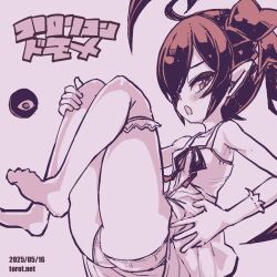 1girl ass backbeako_(torotei) backbeard blush breasts commentary dated dated_commentary dress dress_ribbon from_side gegege_no_kitarou gloves hair_over_one_eye hair_ribbon knees_up kono_lolicon_domome long_hair looking_at_viewer monochrome no_shoes one_eye_closed open_mouth original paid_reward_available panties pink_background pink_theme pointy_ears ribbon simple_background sleeveless sleeveless_dress small_breasts solo thighhighs torotei translated twintails underwear watermark web_address