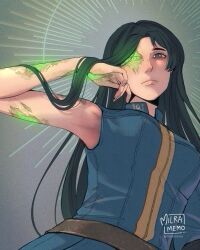 1girl bare_arms bare_shoulders black_hair blue_jumpsuit breasts closed_mouth fallout fallout_3 glowing glowing_eye green_eyes grey_background grey_eyes hand_up jumpsuit lone_wanderer long_hair looking_at_viewer medium_breasts milramemo parted_bangs radioactive signature single_sleeve solo thick_eyebrows twitter_username vault_suit very_long_hair