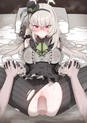 1boy 1girl ascot black_gloves black_hat black_pantyhose black_sleeves blue_archive blush breasts censored center_frills commentary_request covered_erect_nipples crossed_bangs detached_sleeves disembodied_penis earrings flower frills gloves green_ascot green_flower green_rose grey_hair grey_shirt hair_between_eyes hair_flower hair_ornament halo hat hat_feather hetero highres holding_hands jewelry large_breasts long_hair lying mini_hat mini_top_hat mosaic_censoring on_back on_bed paid_reward_available pantyhose penis purple_eyes rose sakurako_(blue_archive) sakurako_(idol)_(blue_archive) sex shirt spread_legs striped_clothes striped_pantyhose sweat thighs top_hat torn_clothes torn_pantyhose vaginal vertical-striped_clothes vertical-striped_pantyhose yampa