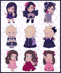 Rule 34 | 1boy, 2girls, aerith gainsborough, aerith gainsborough (cheap pink dress), aerith gainsborough (red dress), aerith gainsborough (ruddy pink dress), animal print, arm up, black hair, black kimono, black thighhighs, blonde hair, blue dress, braid, brown hair, chibi, china dress, chinese clothes, cleavage cutout, closed eyes, closed mouth, clothing cutout, cloud strife, cloud strife (ball gown), cloud strife (black dress), cloud strife (blue dress), commentary request, corset, crossdressing, double bun, dress, final fantasy, final fantasy vii, final fantasy vii remake, fishnet thighhighs, fishnets, flower, from behind, full body, green eyes, grey dress, hair bun, hair flower, hair ornament, hair ribbon, high heels, highres, japanese clothes, kimono, leopard print, long hair, looking at viewer, low twin braids, multiple girls, multiple views, official alternate costume, official alternate hairstyle, open mouth, outstretched arms, parted bangs, pink dress, pink ribbon, print dress, puff of air, red dress, red eyes, red flower, ribbon, saki (hxaxcxk), short kimono, sleeveless, sleeveless dress, smile, spiked hair, strapless, strapless dress, swept bangs, thighhighs, tifa lockhart, tifa lockhart (exotic dress), tifa lockhart (refined dress), tifa lockhart (sporty dress), twin braids, wide sleeves