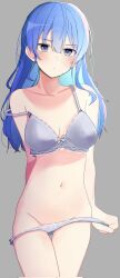 1girl blue_hair clothes_pull hololive hoshimachi_suisei navel panties panty_pull sweat sweatdrop tagme underwear
