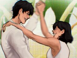 1boy 1girl black_hair closed_eyes dancing dress flower formal_clothes from_side grin halftone han_sooyoung hand_on_another&#039;s_shoulder hetero highres holding_hands kim_dokja lily_(flower) looking_at_another macaronijail medium_hair motion_blur omniscient_reader&#039;s_viewpoint open_mouth short_hair smile suit tuxedo white_dress white_lily white_suit zooming_in