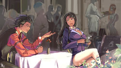 1boy 1girl mia_fey bird black_hair breasts capcom chicken chuc cleavage coffee couple cup flower formal_clothes godot_(ace_attorney) ace_attorney phoenix_wright:_ace_attorney_-_trials_and_tribulations jewelry diego_armando large_breasts crossed_legs long_hair magatama mug necklace necktie sitting smile spoilers suit vase vest