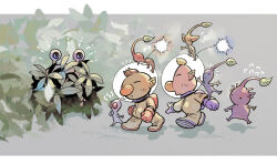 2boys ^_^ asaikaina backpack bag big_nose black_eyes blonde_hair blue_bag blue_gloves blue_pikmin blue_skin brown_hair bulborb bush buttons clenched_hands closed_eyes colored_skin creature_on_arm creature_on_head expressionless flying_sweatdrops gloves grey_background hand_on_own_chin helmet hiding highres leaf leg_up letterboxed louie_(pikmin) male_focus multiple_boys nintendo no_mouth notice_lines olimar open_mouth outdoors outstretched_arms pikmin_(creature) pikmin_(series) pointing pointing_at_another pointy_ears pointy_nose purple_hair purple_pikmin purple_skin radio_antenna red_bag red_eyes red_gloves red_pikmin red_skin shadow short_hair shout_lines sleeping solid_circle_eyes space_helmet spacesuit very_short_hair walking white_pikmin white_skin yellow_pikmin yellow_skin