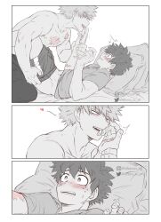 2boys 3koma abs athena_av bakudeku bakugou_katsuki bed bitting blush boku_no_hero_academia bones_(company) comic curly_hair freckles implied_sex legs male_underwear male_underwear_pull midoriya_izuku multiple_boys muscular no_shirt on_bed pillow scar scar_on_arm scar_on_chest scar_on_face scar_on_hand shirt shorts shounen_jump spiked_hair sweat sweatdrop underwear yaoi