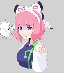 1girl absurdres bow breasts collared_shirt creatures_(company) cropped_torso drill_hair english_text eyeshadow flipped_hair fur_jacket game_freak hair_bow hairband highres jacket klara_(pokemon) looking_at_viewer makeup medium_breasts mole mole_under_mouth nintendo pink_eyeshadow pink_hair pink_lips pointing pointing_at_viewer pokemon pokemon_swsh print_shirt purple_eyes raised_eyebrows shaded_face shirt short_hair slavicman6 smile smug solo speech_bubble twin_drills white_bow white_hairband