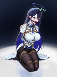 absurdres arms_behind_back ball_gag bdsm black_pantyhose blazer blue_archive blue_eyes blue_hair blue_necktie bondage bound bound_legs breasts collared_shirt crotch_rope drooling gag gagged glasses halo highres jacket kneeling kumachi_(aikawaakeya) large_breasts long_hair looking_at_viewer necktie pantyhose pointy_ears rin_(blue_archive) shibari shibari_over_clothes shirt teeth upper_teeth_only very_long_hair white_shirt