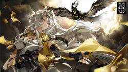 1girl asymmetrical_gloves bird black_bird black_shorts breasts cleavage cowboy_shot elbow_gloves fingerless_gloves floating_hair gloves hair_ornament high-waist_shorts highres jacket large_breasts long_hair mole mole_on_breast official_art ofuda second-party_source shorts single_elbow_glove single_hair_intake white_hair yellow_jacket yixuan_(zenless_zone_zero) zenless_zone_zero