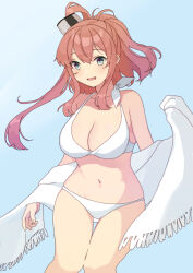 Rule 34 | 1girl, bikini, breasts, brown hair, cleavage, cowboy shot, grey eyes, hair between eyes, high side ponytail, kantai collection, large breasts, mitsuyo (mituyo324), ponytail, saratoga (kancolle), shawl, side ponytail, sidelocks, smokestack, smokestack hair ornament, solo, swimsuit, white bikini, white shawl