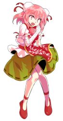 1girl bandaged_arm bandages breasts bun_cover commentary dairi double_bun flower full_body green_skirt hair_between_eyes hair_bun hand_up ibaraki_kasen knees_together_feet_apart large_variant_set looking_at_viewer medium_breasts medium_hair open_mouth pink_eyes pink_flower pink_hair print_tabard puffy_short_sleeves puffy_sleeves red_ribbon red_shoes red_tabard ribbon shirt shoes short_sleeves skirt solo standing tabard tachi-e thighs touhou variant_set white_shirt
