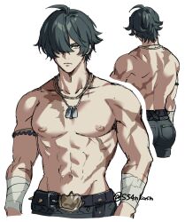 1boy abs ahoge artist_name back bandaged_arm bandages belt black_belt blue_pants closed_mouth collarbone commentary_request dog_tags facing_away from_behind frown green_eyes green_hair hair_over_one_eye highres jewelry lighter_(zenless_zone_zero) looking_at_viewer male_focus multiple_views navel necklace nipples one_eye_covered pants parted_bangs pectorals red_pupils s54nkasn scar scar_on_arm scar_on_back scar_on_chest scar_on_neck serious short_hair simple_background spiked_belt spikes stomach topless_male twitter_username white_background zenless_zone_zero