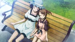 2girls aqua_eyes belt_around_waist belt_buckle bench black_bow black_hair black_trim blouse blue_dress blue_eyes blue_hat bob_cut bow brown_hair buckle chest_bow child chin_rest closed_eyes collar collarbone day dress eyelashes frilled_collar frilled_hat frills from_above game_cg hair_tie hat head_on_head head_rest highres holding_hands huke leaning_on_person medium_hair multiple_girls non-web_source official_art on_bench open_mouth outdoors park park_bench pinafore_dress pink_dress pink_frills puffy_short_sleeves puffy_sleeves purple_shirt shiina_mayuri shiny_lips shirt short_sleeves short_twintails shorts shorts_under_dress shorts_under_skirt sidelocks sitting sleeveless sleeveless_dress steins;gate steins;gate:_linear_bounded_phenogram stuffed_toy tareme tennouji_nae tongue twintails x_x