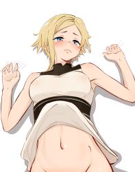 1girl absurdres babywipes bare_shoulders blonde_hair blue_eyes blush breasts closed_mouth clothes_lift commentary covered_erect_nipples english_commentary groin hands_up highres looking_at_viewer lying medium_breasts mushoku_tensei navel on_back sara_(mushoku_tensei) shirt shirt_lift short_hair simple_background sleeveless sleeveless_shirt solo upper_body white_background white_shirt