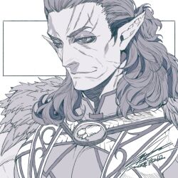 1boy baldur&#039;s_gate baldur&#039;s_gate_3 cloak closed_mouth dated dungeons_&amp;_dragons dungeons_&amp;_dragons fur-trimmed_cloak fur_trim greyscale hair_pulled_back halsin hiryuu_(kugelcruor) male_focus mature_male medium_hair monochrome pointy_ears ponytail scar scar_on_face scar_on_forehead short_ponytail signature smile solo upper_body white_background