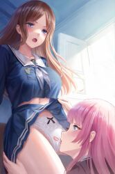2girls bang_dream! bang_dream!_it&#039;s_mygo!!!!! blue_eyes blue_serafuku blue_shirt blue_skirt breasts brown_hair chihaya_anon clothes_lift commentary_request day highres indoors kafkasea lace lace-trimmed_panties lace_trim large_breasts lifting_another&#039;s_clothes light_blush lingerie lips lipstick_mark lipstick_mark_on_panties long_hair looking_at_another looking_down looking_up midriff_peek multiple_girls nagasaki_soyo navel neckerchief open_mouth panties pink_hair sailor_collar school_uniform serafuku shirt skirt skirt_lift sunlight teeth tsukinomori_school_uniform underwear upper_teeth_only white_neckerchief white_panties white_sailor_collar yuri