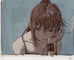 1girl border bracelet brown_eyes brown_hair cigarette cross cross_necklace cross_print hair_between_eyes hair_ornament hairclip highres holding holding_cigarette jewelry long_hair looking_to_the_side minakami_yuki necklace parallel_hairclips parted_lips ponytail portrait sketch smoke solo subarashiki_hibi taki_(a313131333)