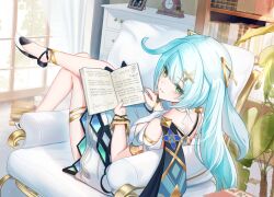 1girl absurdres aqua_hair aqua_nails book bookshelf closed_mouth clothing_cutout couch dress ewaaawa faruzan_(genshin_impact) genshin_impact gold_thighlet green_eyes hair_ornament highres holding holding_book indoors long_hair looking_at_viewer on_couch open_book shoes short_sleeves shoulder_cutout smile solo symbol-shaped_pupils triangle-shaped_pupils triangle_hair_ornament twintails white_dress white_shoes