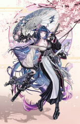 Rule 34 | 1girl, absurdly long hair, absurdres, animal ears, aqua eyes, arknights, bare shoulders, black kimono, black sash, black shoes, blue eyes, blue hair, blunt bangs, boots, breasts, cherry blossoms, cleavage, closed mouth, collarbone, flower, full body, gradient hair, gun, hair flower, hair intakes, hair ornament, hair wings, high heels, highres, holding, holding umbrella, holding weapon, japanese clothes, katana, kimono, large breasts, long hair, long sleeves, looking at viewer, minuolin, mio (arknights), multicolored hair, obi, obiage, obijime, off shoulder, oil-paper umbrella, petals, pink hair, purple hair, sarashi, sash, sheath, sheathed, shoes, solo, standing, sword, tachi (weapon), two-tone kimono, umbrella, very long hair, weapon, white kimono, wide sleeves
