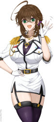 Rule 34 | 1girl, ahoge, belt, black belt, breasts, brown hair, chamumi (mochiumee), cleavage cutout, clothing cutout, epaulettes, female admiral (kancolle), garter belt, garter straps, gloves, green eyes, heart cutout, jacket, kantai collection, kneehighs, large breasts, military jacket, military uniform, open mouth, original, partially fingerless gloves, pencil skirt, simple background, skirt, smile, socks, solo, white background, white gloves, white jacket, white skirt