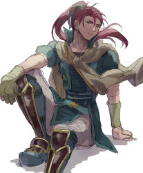 1boy commentary_request fire_emblem fire_emblem:_path_of_radiance gloves green_eyes highres kometubu0712 long_hair male_focus nintendo parted_lips ponytail red_eyes shinon_(fire_emblem) simple_background single_glove sitting solo