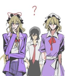 3girls ? alternate_costume arm_behind_back black_skirt closed_mouth dress expressionless hair_between_eyes hair_ribbon hand_on_own_face hand_on_own_hip hat jacket light_smile long_hair long_sleeves looking_at_another maribel_hearn medium_hair mob_cap multiple_girls neckerchief necktie one_eye_covered pants poxiao354 purple_dress purple_eyes purple_jacket purple_pants red_eyes red_neckerchief red_necktie ribbon shirt short_sleeves skirt sweatdrop touhou usami_renko white_background white_shirt yakumo_yukari