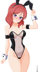 1girl absurdres animal_ear_hairband animal_ears bare_shoulders blush breasts collarbone covered_navel cowboy_shot fake_animal_ears groin hairband highres leotard looking_at_viewer love_live! love_live!_school_idol_project masterx medium_breasts meme_attire nishikino_maki playboy_bunny purple_eyes rabbit_ear_hairband rabbit_ears red_hair simple_background solo thigh_gap thighs translucent_bunnysuit white_background wrist_cuffs