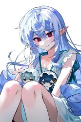 Rule 34 | 1girl, absurdres, belle (zenless zone zero), blush, character doll, dress, drill hair, hair between eyes, hashtag-only commentary, highres, huya (huy4 53), long hair, mole, mole under eye, official alternate costume, pointy ears, red eyes, simple background, sitting, sleeveless, sleeveless dress, very long hair, vivian banshee, white background, white dress, wise (zenless zone zero), zenless zone zero