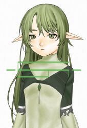 1girl commission dress elf expressionless green_eyes green_hair highres kennomou long_hair long_pointy_ears looking_at_viewer original pointy_ears simple_background solo upper_body white_background