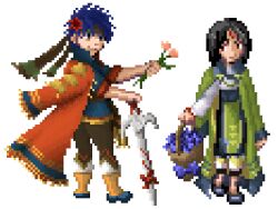 2boys basket black_hair coat coat_on_shoulders commentary english_commentary fire_emblem fire_emblem:_path_of_radiance fire_emblem_heroes flower flower_basket giving_flower hand_on_hilt headband holding holding_basket ike_(fire_emblem) ike_(valentine)_(fire_emblem) male_focus multiple_boys nintendo official_alternate_costume pixel_art planted planted_sword planted_weapon red_eyes simple_background soren_(fire_emblem) soren_(valentine)_(fire_emblem) sword tattedmariposa weapon white_background