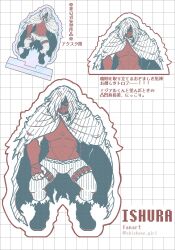 1boy acrylic_stand_(object) arms_behind_back belt boots cape chain chickenz_girl copyright_name dwarf fingerless_gloves gloves highres hood hood_over_one_eye hood_up ishura mask merchandise monochrome mouth_mask multiple_views muscular muscular_male outline pants patterned_background red_eyes shirt simple_background solo spot_color torn_cape torn_clothes twitter_username white_background