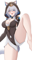 1girl absurdres animal_ear_fluff animal_ears animal_hood black_leotard blue_eyes blush breasts cat_ears cat_girl cat_hood cat_tail cipher_(honkai:_star_rail) cleavage clothing_cutout commentary_request fang grey_hair highres honkai:_star_rail honkai_(series) hood hooded_leotard izumiillus large_breasts leg_up leotard looking_at_viewer mole mole_on_breast navel_cutout open_mouth short_hair_with_long_locks short_shorts shorts simple_background skin_fang solo standing standing_on_one_leg tail thighs white_background white_shorts